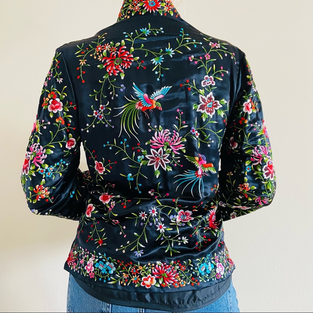 Vintage Embroidered Satin Asian black Jacket Top - Picture 4 of 13
